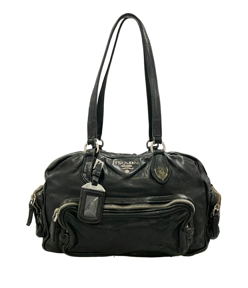 Prada Arque Vitello Daino Leather Hobo Shoulder Bag Black